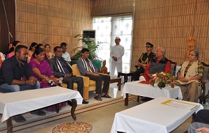 The Governor of Arunachal Pradesh Shri. P B  Acharya  and  State First Lady Smti. Kavita Acharya  with Shri. Susanta Kumar Chakraborty  , FAO and  Shri. Adhar Chandra Das, Driver during farewell function at Raj Bhavan on 28th April2017